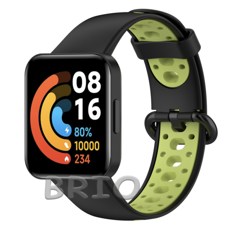 Силіконовий спортивний ремінець для Mi та Redmi Watch 2 Lite (перфорований) чорний-салатовий