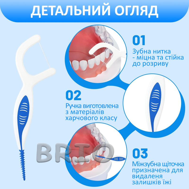 Флосери із зубною ниткою та міжзубним йоржиком 2 в 1, 50 шт у контейнері