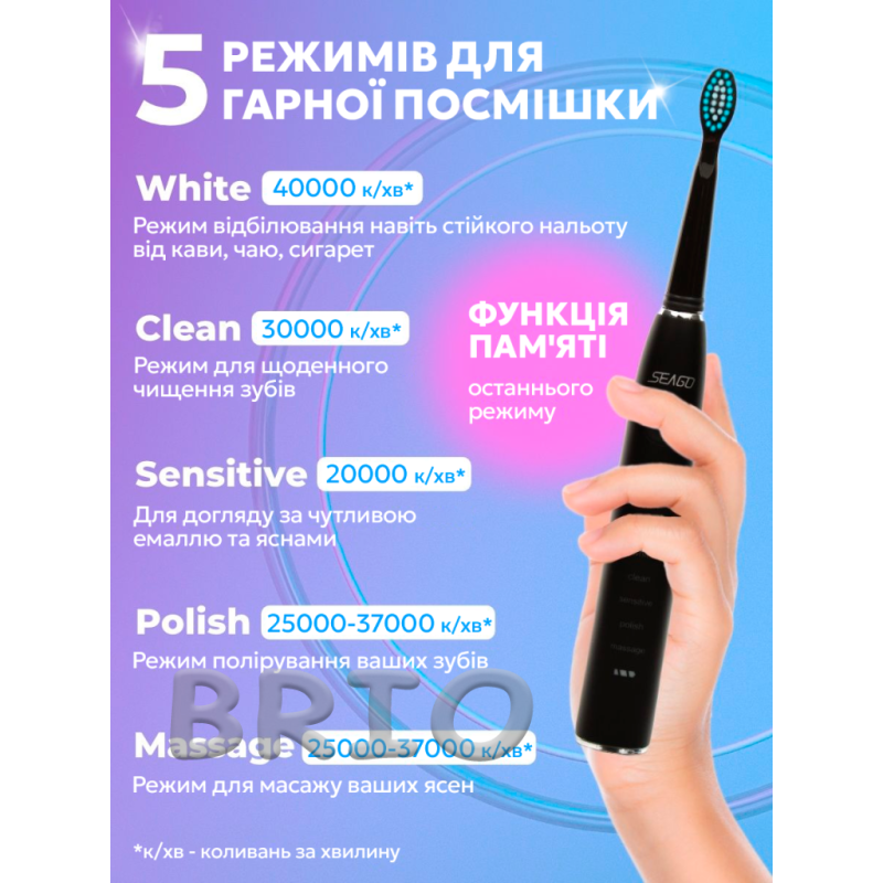 Електрощітка Seago SG575 5 насадок та 5 режимів роботи чорна